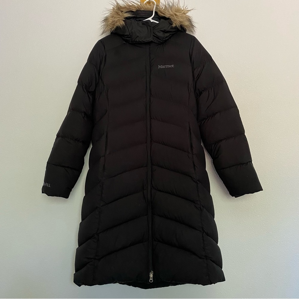 Marmot Montreal Knee length puffer coat in Black size Large. Removable hood.